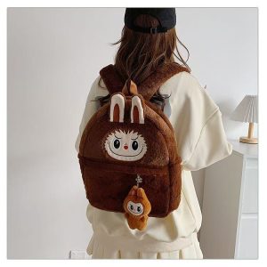 Labubu Brown Plush Backpack – Kawaii Soft Toy Bag with Matching Keychain UK