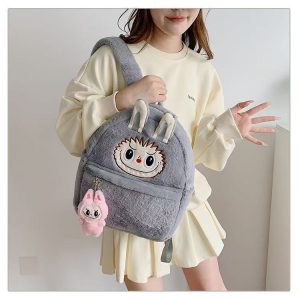 Labubu Grey Plush Backpack – Kawaii Soft Toy Bag with Matching Keychain UK