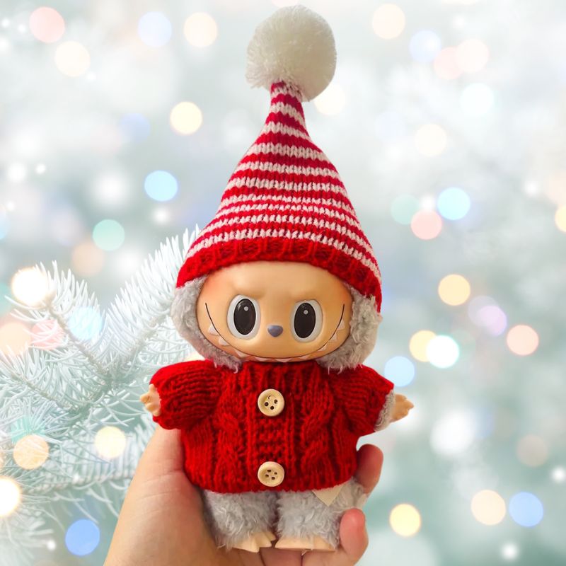Labubu 17 cm Winter Knit Outfit – Red Sweater & Striped Pom Hat Set (No Doll Included)