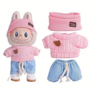 Labubu 17 cm Clothes Set – 3-Piece Pink Knit & Denim Outfit